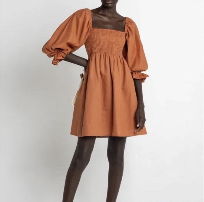 【PORTERNA】Mary Puff Short One Piece Kourt Size Small Portia Smocked Mini Dress Puff Sleeve Rust