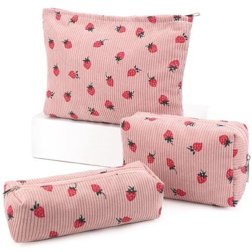 Pink Strawberry Checkered Travel Makeup Bag Large Capacity  -image