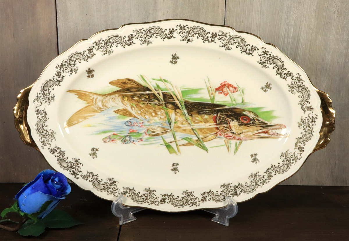 Vintage French LIMOGES Porcelain Fish Platter Gold Gilding ULIM