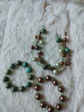Necklace And Bracelet Set- Turquoise/Bronze/Gold Colored, Beaded