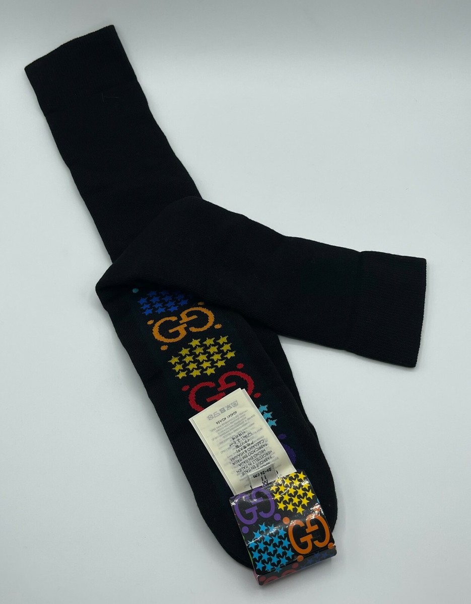 Gucci Men's Black Cotton Psychedelic Rainbow Star Logo Long Socks