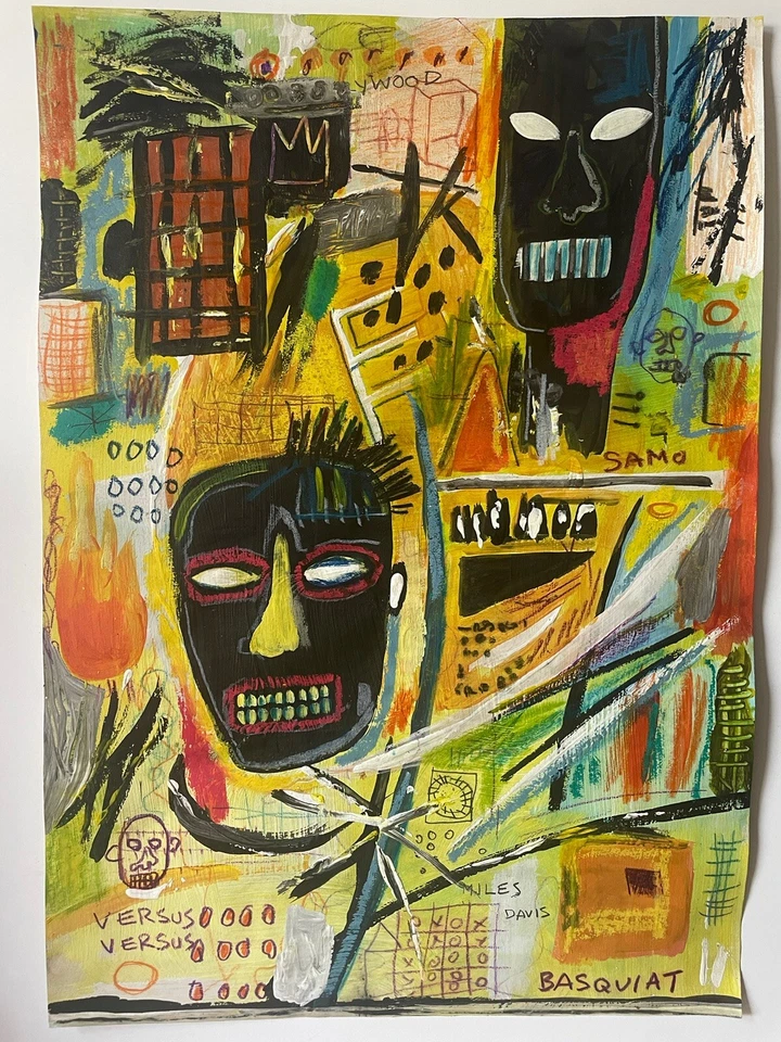 Basquiat Jean Michel Original Painting Street Black African Art NYC  Masks A20 - Image 3 of 4
