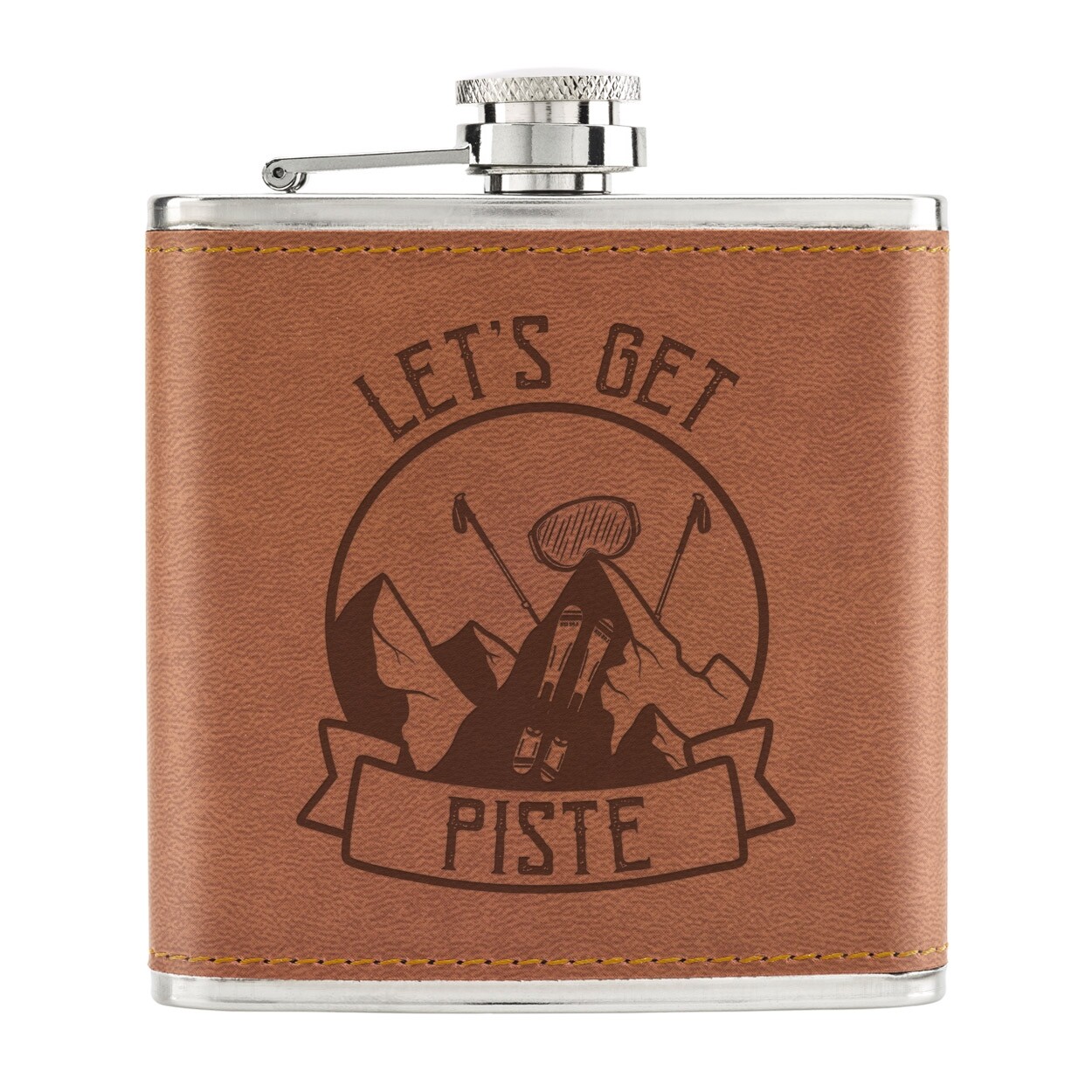 Let's Get Piste Pissed Skiing 6oz PU Leather Hip Flask Tan Best Skiing Funny Dad