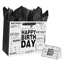 13" Large Black and White Happy Birthday Gift Bag with Tissue Paper and Card