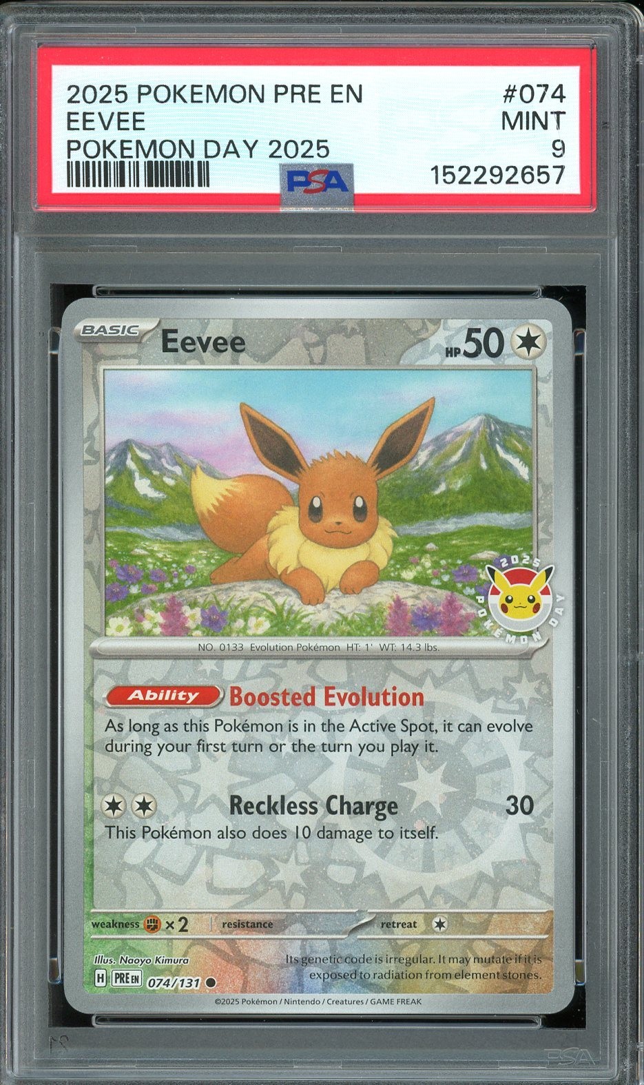 PSA 9 MINT - Eevee #074 Prismatic Evolutions Pokemon Day 2025 Stamped