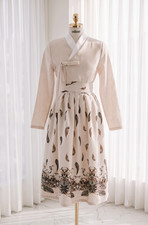 Modern Hanbok Set Ivory Jeogori Top Feather Print Skirt Korean Dress