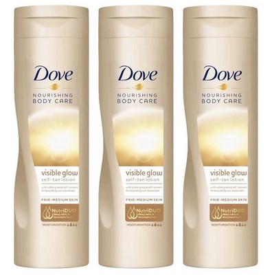 Dove Visible Glow Self Tan Lotion Fair Medium Skin Nourishing Body Care 3 x250ml