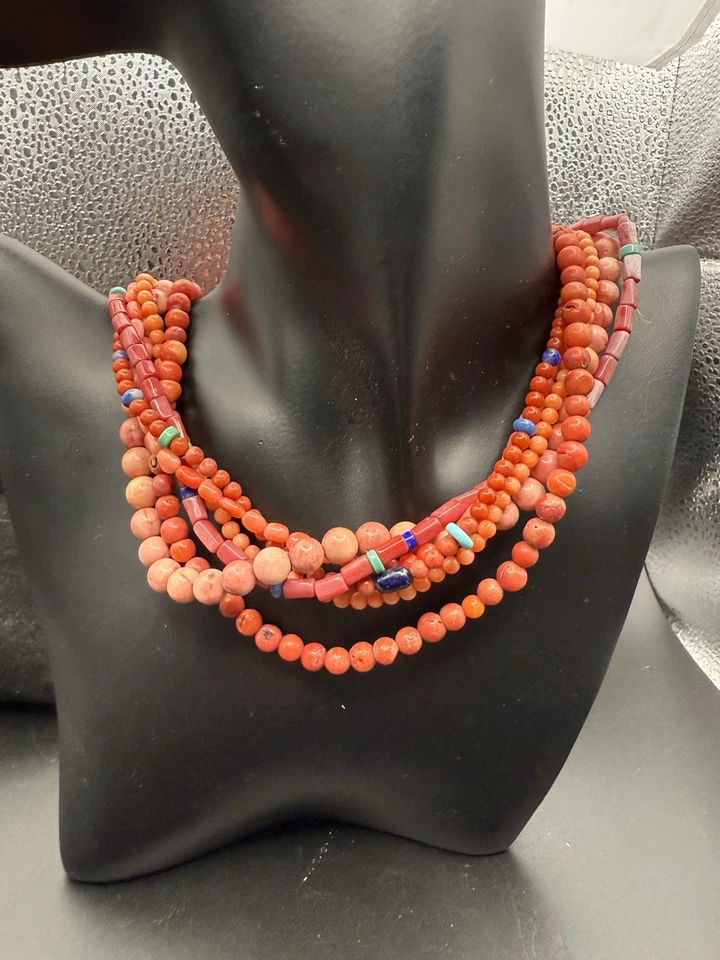 Collar M. Salazar 6 Hilos Multi Piedra Esterlina .925 Coral Turquesa Lapislázuli K2 Foto 2 de 4