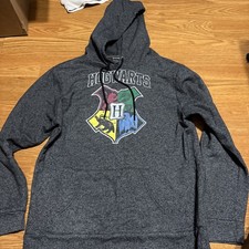 Harry Potter Hogwarts Pullover Hoodie Sweatshirt Crest Logo Gray Size Large