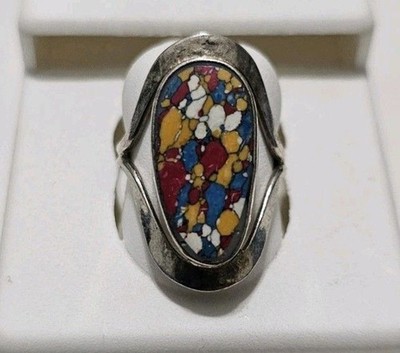 Rainbow Mosaic Jasper Vintage Style Gemstone 925 Silver Ring Size 6