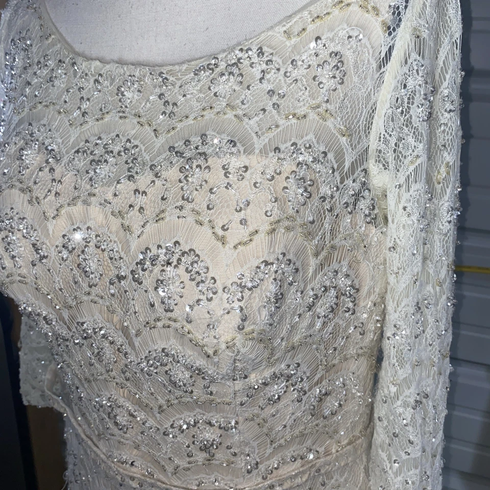 Vestido de novia formal Oleg Cassini con cuentas lentejuelas encaje blanco roto marfil talla 14 Foto 4 de 4