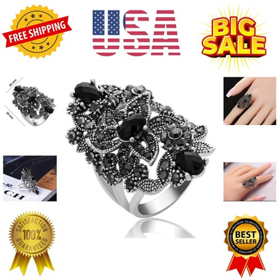 #ad #ad Women#x27;s Black Rings Vintage Rings Statement Rings for Women Band Marcasite Cr... $17.59