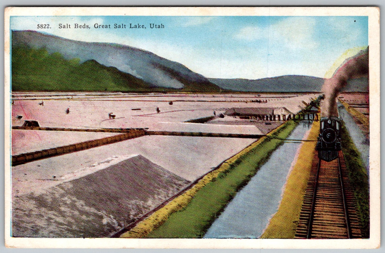Vtg Postcard Salt Evaporation Ponds Train Great Salt Lake, UT 1930s