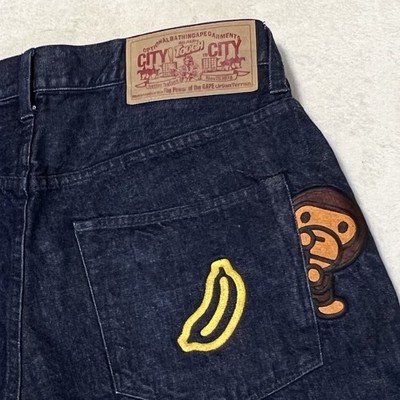 A BATHING APE BAPE Milo Banana Embroidered Indigo Denim Men's Size M  W33 Japan