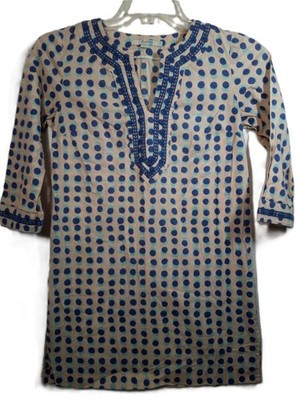 Boden Top Tunic Women 4R Beige Dots V-Neck Embroidered 1/2 Sleeve