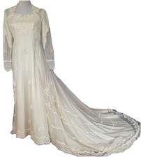Vtg 80s Floral Embroidery Wedding Gown Handmade Sz M Ivory Sheer 33 Train