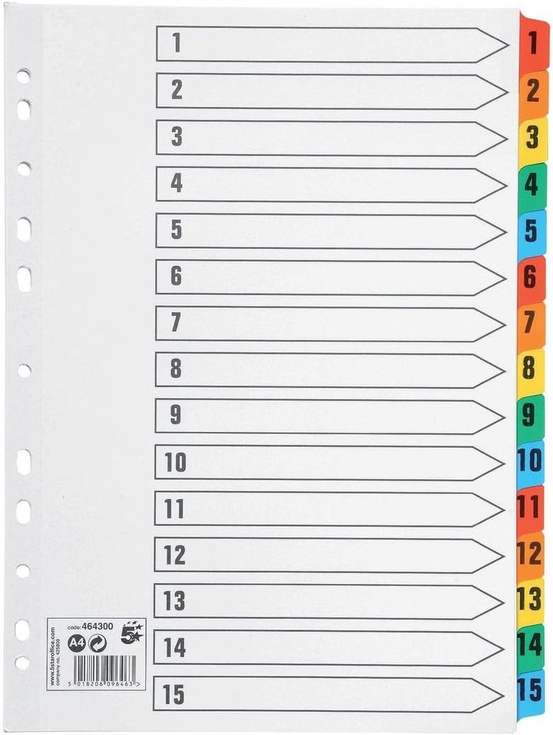 A4 1-15 Multi Punched Divider Multicolour Tab x 10 Packs 5 Star
