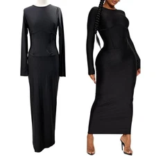 Fashion Nova Size L Brooke Long Sleeve Maxi Dress Bodycon Corset Maxi NEW Black