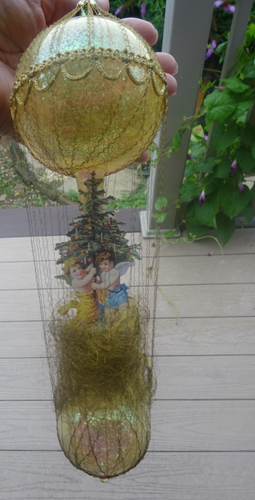 Wire-wrapped GOLD & IRRIDESCENT Balloon German Glass Ornament Diecut Cherubs - Picture 1 of 8