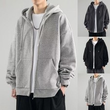Men's Fleece Lined Hooded Cardigan Sweatshirt Jacket Solid Color Zip Up