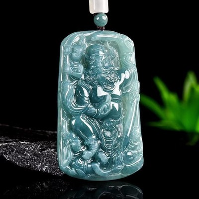Real Grade A Natural Blue Jade Jadeite Lucky Zhong Kui Oblong Pendant