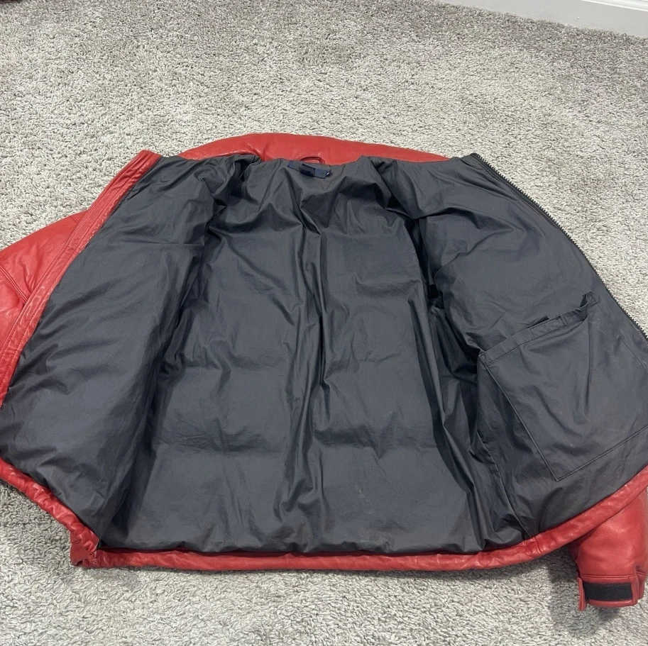 Men’s Red Real Leather Puffer Jacket Vintage Bomber Coat Winter Warm Outerwear - Image 3 of 4