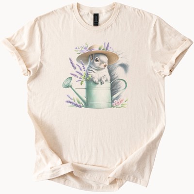 Squirrel in Watering Can with Straw Hat and Lavender Flowers Graphic Shirt
