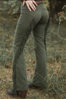 Double D Ranch Rodeo Fringe Pants Green Size 4 Faux Suede Rodeo Western Cowgirl