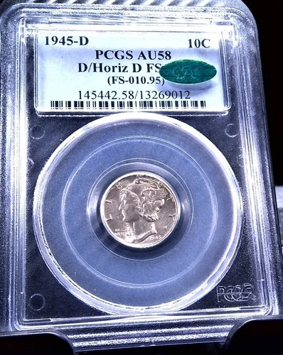 1945 D Mercury Dime 10c - PCGS CAC AU58 - Ultra RARE D/HorizD FS-506 - 1/1 CAC
