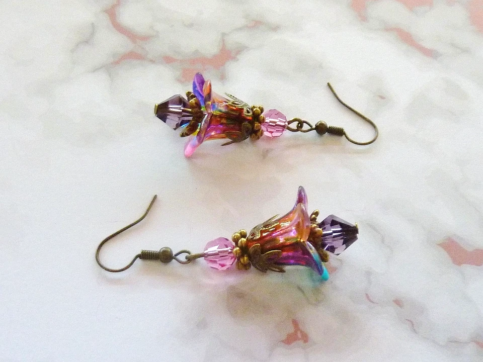 Bell Flower Earrings Hand Painted / Swarovski Crystal Beads SB10 - image 4 of 4