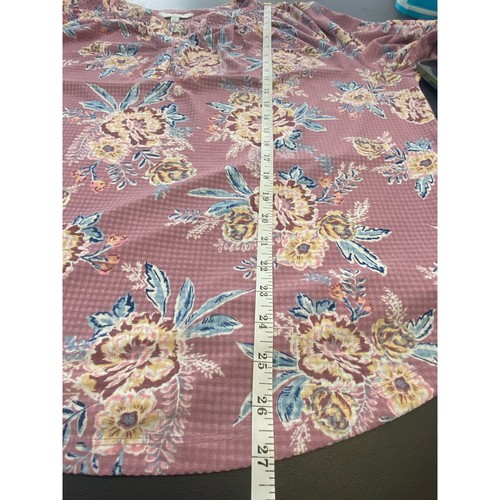 Coral Bay Blumen V-Ausschnitt Popover Top Damen 2X Langarm Stretch Plissee Lila - Bild 7 von 12