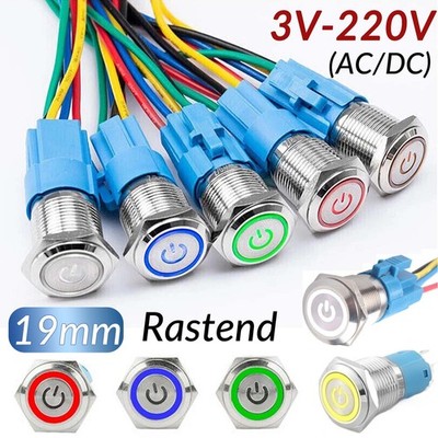 Drucktaster Druckschalter 19mm flach Power LED Wasserdicht Rastend 3V-220V AC/DC