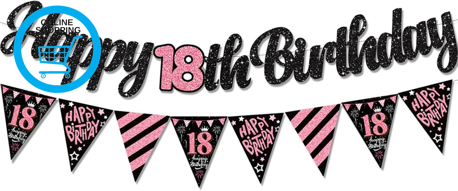 18Th Birthday Banner Decorations - Black Pink Theme Party Supplies for Girls, Re