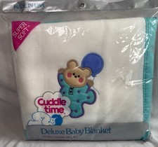Vtg Cuddle Time Embroidered Baby Blanket Teddy Bear W/ Balloon 36x45