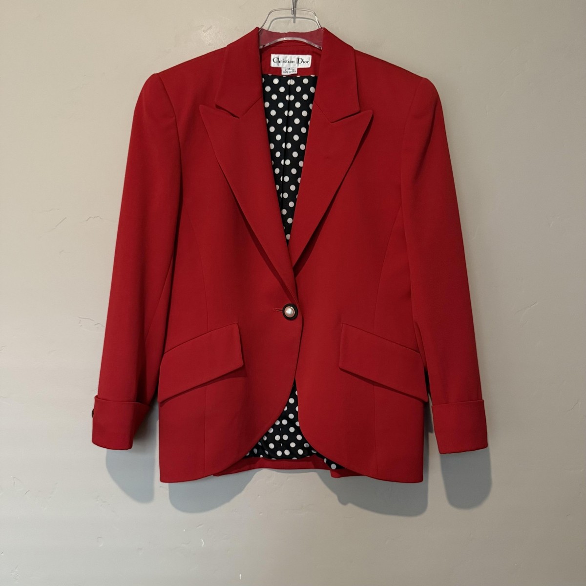 Vintage Christian Dior Blazer Womens 14 Red Wool Polka Dot Pearl