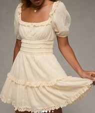 American Eagle Puff Sleeve Ivory Ruffle Smocked Tiered Mini Dress Size XS