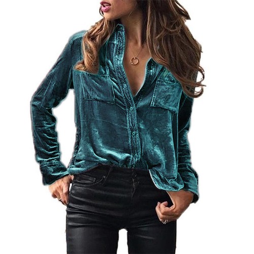 Women Elegant Velvet Long Sleeve Top Button Down Shirt OL Pockets Vogue Blouse - Picture 10 of 17
