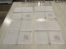 Vintage Dainty White Napkins Handkerchiefs Set Of 4 W/ Silver Embroidered Lady