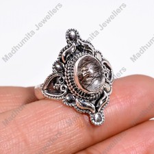 Natural Black Rutile Quartz Gemstone Handmade Solid 925 Sterling Silver Ring