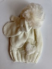 Two-Piece Ivory Faux Fur Pom-Pom Beanie & Mittens Set Ava Olivia Toddler Girls