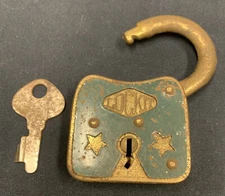 Used Antique Lockit Padlock Brass Plated With Key Works 4 Ounces U