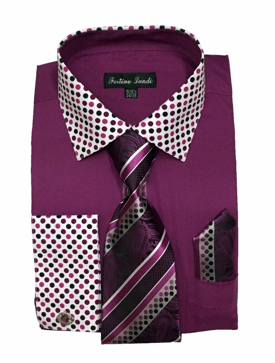 New Men's French Cuff Dress Shirt w/ Tie Hanky Set FL630 Rose Purple