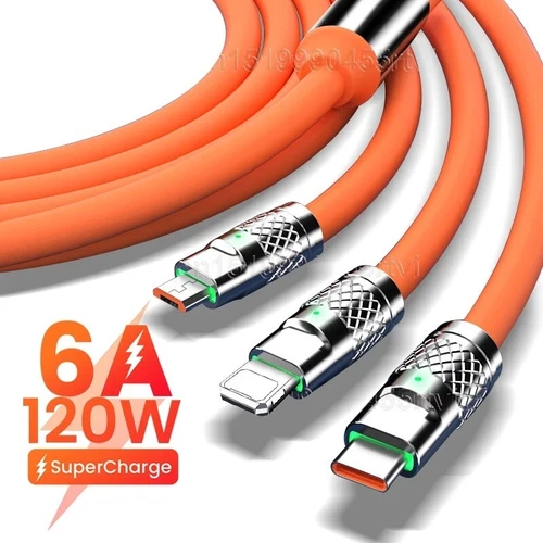 CAVO DI RICARICA CELLULARE 6A 120W TIPO TYPE C IPHONE MICRO USB CAVETTO 3 IN 1