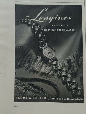 1952 Baume & Co Longines world's most honored watch vintage jewelry ad