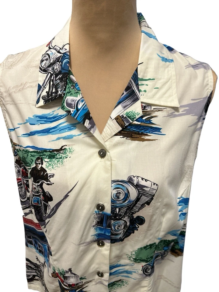 Top vintage Harley Davidson Tori Richard estampado hawaiano abotonado para mujer talla XL Foto 2 de 4