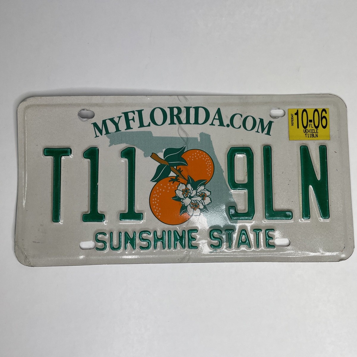 Florida State License Plate Orange Blossom Green White SUNSHINE