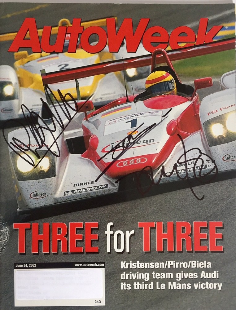 Rare AutoWeek Signed 2002 Audi 24 Le Mans Winners,Kristensen, Pirro, Biela