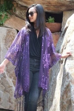 Purple Sequin Lace Floral Festival Duster Kimono Top One size Plus size