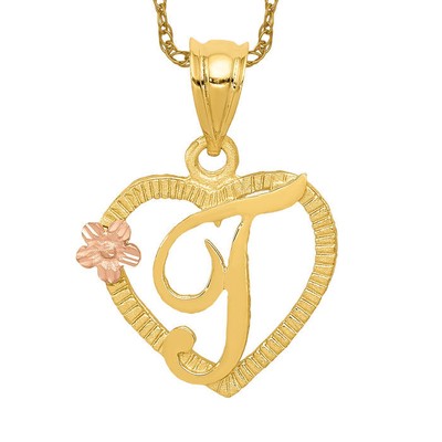14k Massive Bicolor Gold Herz Buchstabe T Initiale Halskette