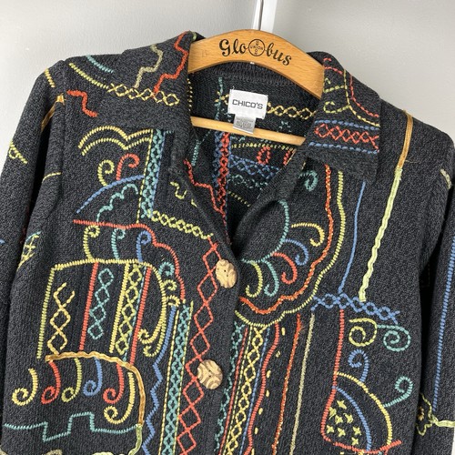 Chicos Embroidered Cardigan Sweater Size 1 Womens M/8 Gray Artsy Art to Wear VTG - Picture 1 of 7